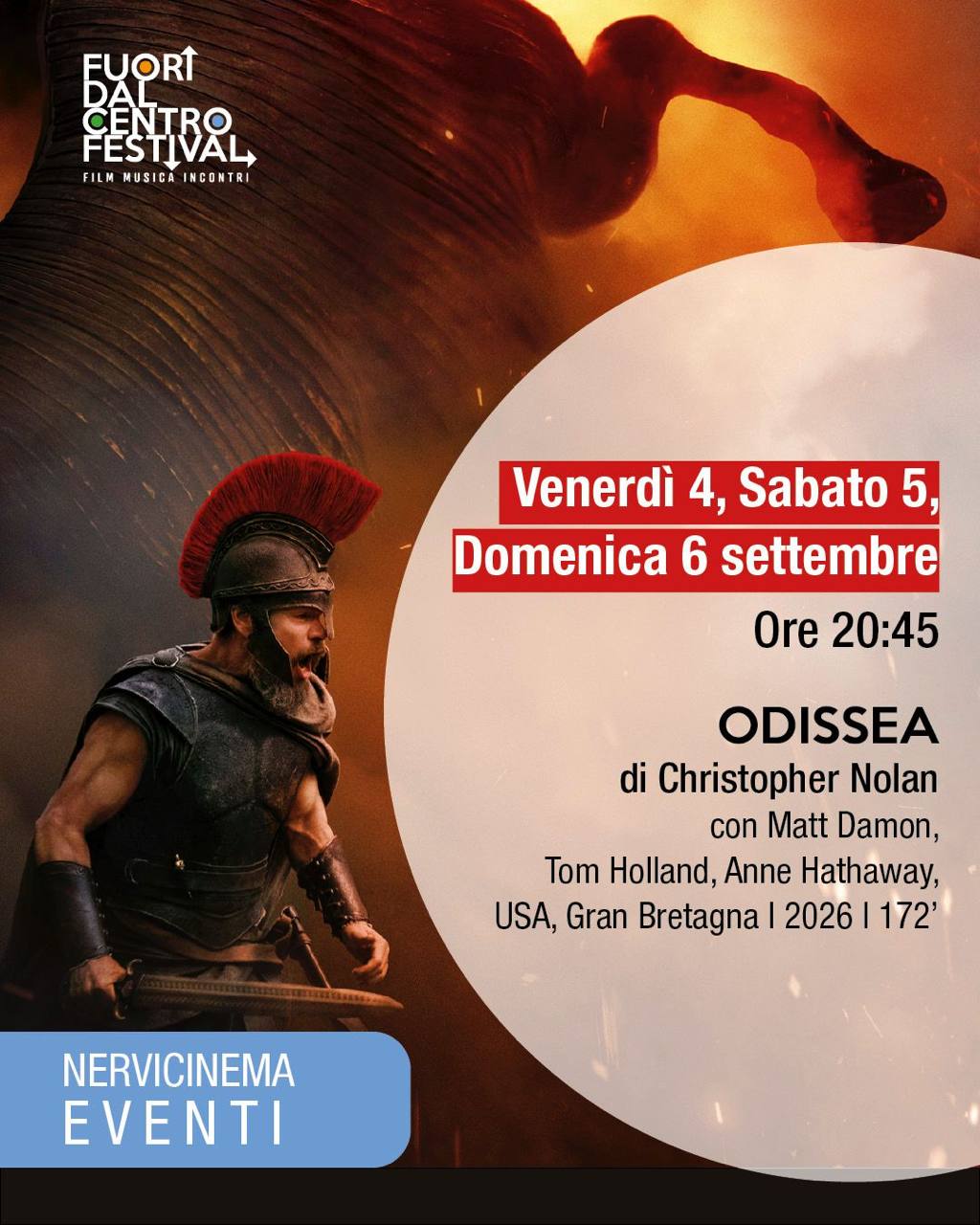 Locandina delle proiezioni di Odissea a Nervicinema, dal 4 al 6 settembre 2026