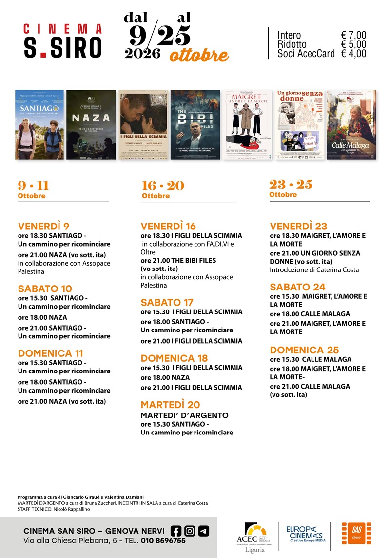 Locandina della programmazione del Cinema San Siro di Genova Nervi, dal 9 al 25 ottobre 2026, con film, orari e prezzi